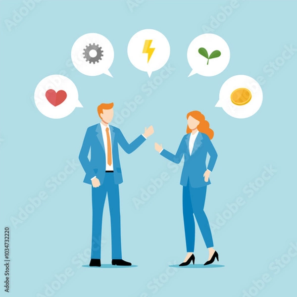 Fototapeta 地球の環境問題について語る男女のフラットなベクターイラスト画像、ハート、産業、電力、環境、経済、マネー