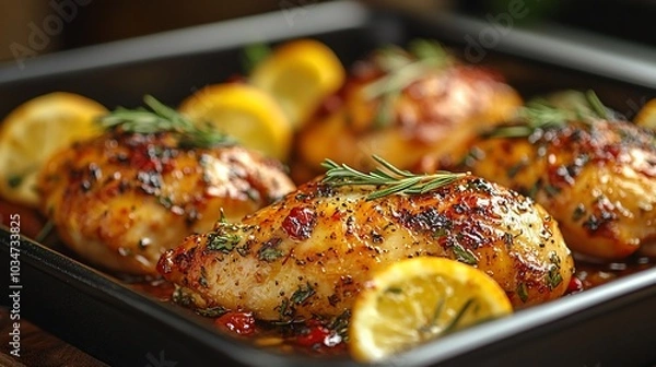 Fototapeta Juicy roasted chicken breasts garnished with lemon and herbs, served in a baking dish.