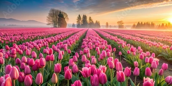 Fototapeta A vibrant field of pink tulips basking in the golden glow of sunrise, their petals unfurling towards the sky, a testament to nature's gentle awakening.