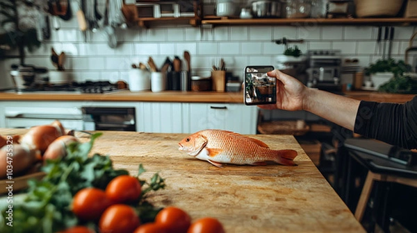 Fototapeta Nutritious Kitchen Scene, vibrant vegetables on wooden countertop, inviting home kitchen atmosphere, perfect for health-focused storytelling.