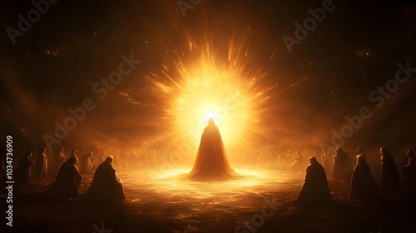 Obraz A mystical realm where knights kneel in a circle around their queen, a golden light radiating from her, with enchanted creatures watching from the shadows