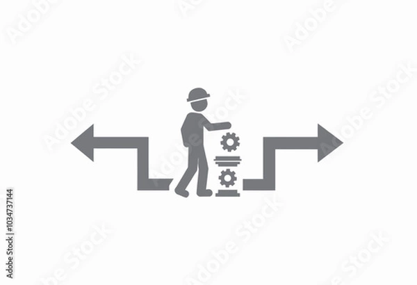 Fototapeta Grayscale Industrial Automation Symbol: Minimalist Assembly Line Worker with Hard Hat, Gears and Production Process Visualization
