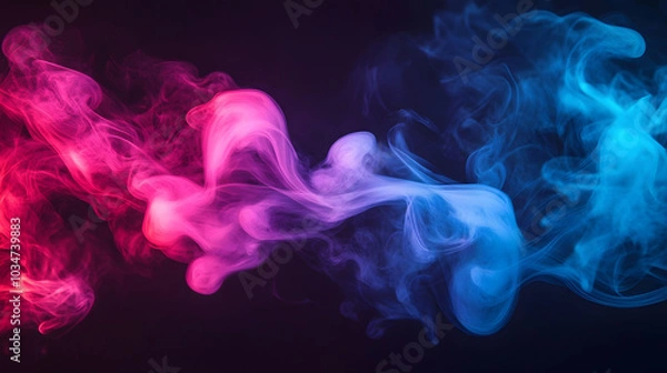Fototapeta Neon Smoke Fusion, vibrant pink and blue wisps emerge from the corner against a deep black backdrop, creating a striking visual contrast.
