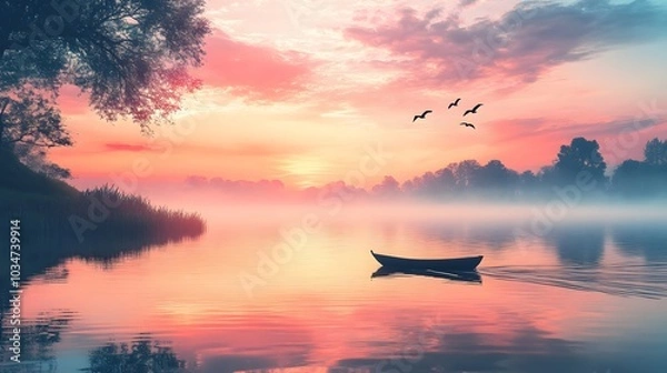 Fototapeta A peaceful river at sunrise, with mist rising from the water and reflections of the colorful sky on the surface