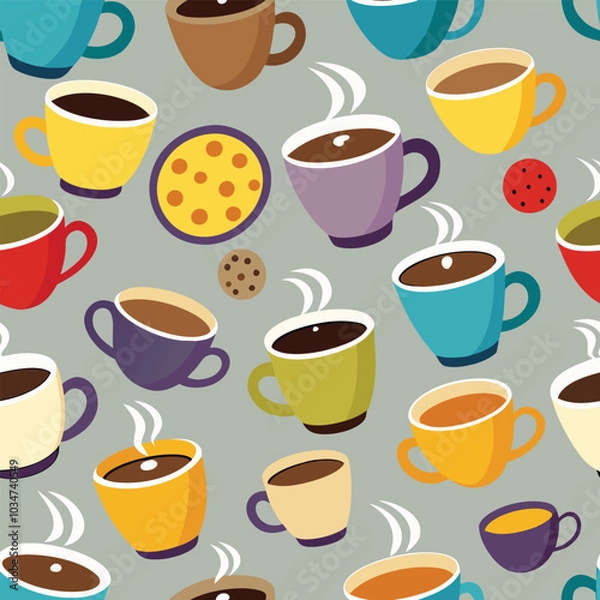 Obraz Colorful coffee mugs full of coffee and chocolate.graphic seamless pattern.