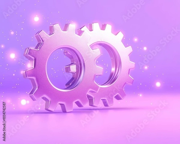 Fototapeta Two pink gears with a shimmering background, representing innovation and mechanical design.