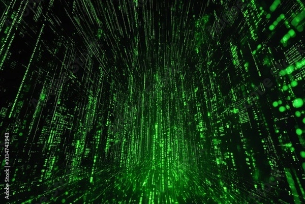 Obraz Abstract green digital code background with lines of data flowing down.
