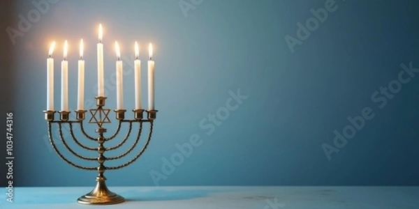 Fototapeta Elegant Hanukkah Menorah with copy space, A sleek, modern menorah design placed in the lower third of the frame, with an empty backdrop for text.
