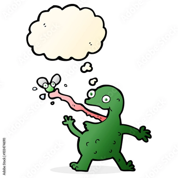 Fototapeta cartoon frog catching fly with thought bubble