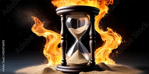 Fototapeta A fiery hourglass with flames inside and a burning candle, symbolizing the passage of time