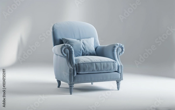 Fototapeta Elegant light blue armchair with soft cushioning and detailed upholstery, featuring rolled armrests and a classic design, set in a minimalistic studio environment