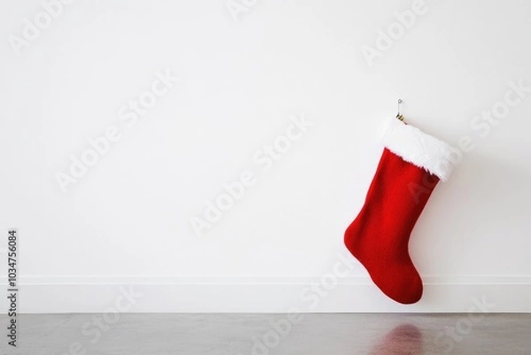 Fototapeta Red Christmas Stocking Hanging on a White Wall