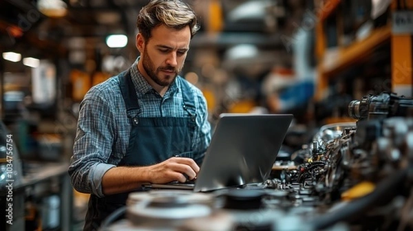 Fototapeta engineer in work uniform using laptop in car factory managing supply chain and ordering car parts.image