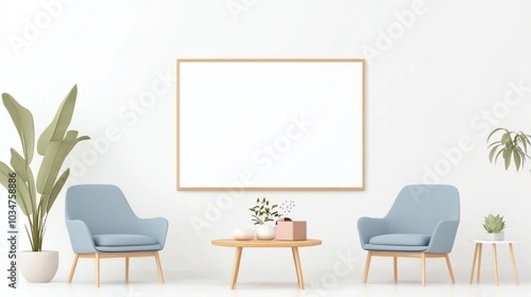 Fototapeta Modern minimalist living room interior with blue chairs, wooden coffee table, indoor plants, and blank art frame on white wall.