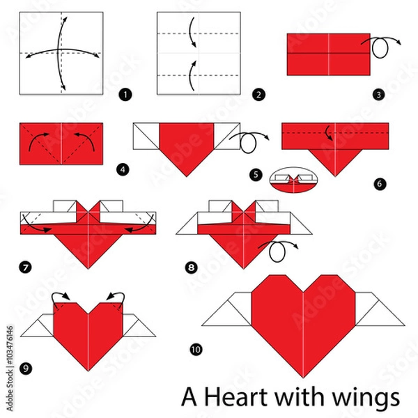 Fototapeta step by step instructions how to make origami heart with wings.