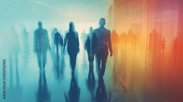 Fototapeta Light-based silhouettes of business figures in a collaborative environment, double exposure with fluid gradient transitions