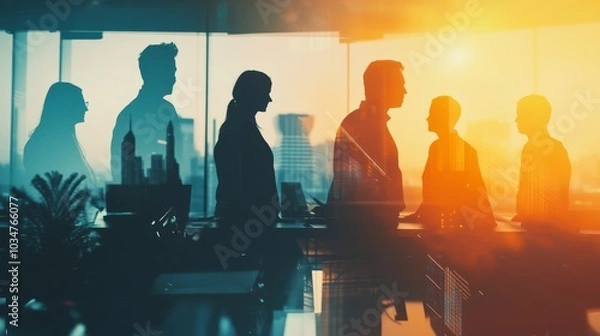 Obraz Silhouettes of business professionals in a collaborative meeting, double exposure with fluid gradient effects