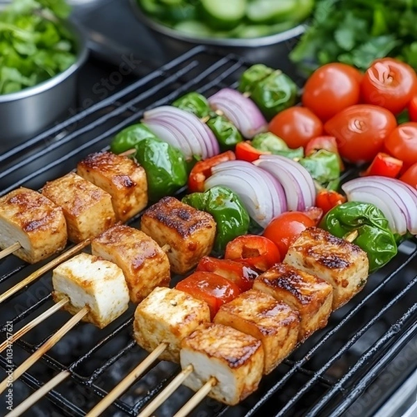 Fototapeta Colorful skewers of grilled vegetables and tofu on a barbecue grill, highlighting a delicious and healthy dish.