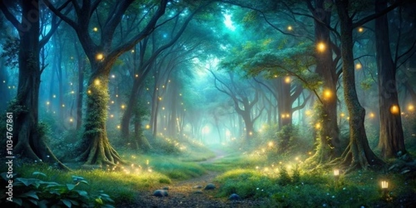 Fototapeta enchanted forest at night with glowing light