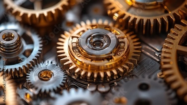 Fototapeta intricate mechanical gears interlocking symbolizing teamwork effective work processes and collaboration each gear represents team members contribution to collective strength and efficiency