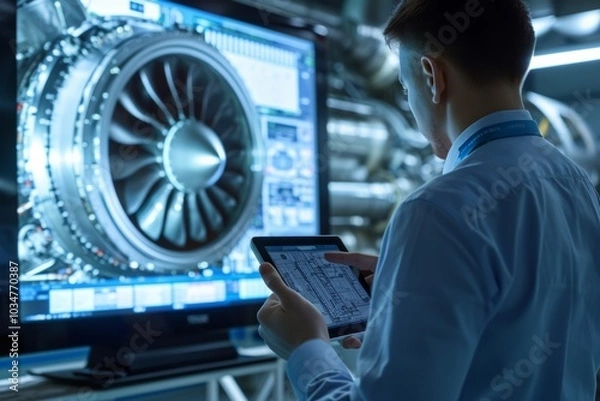 Obraz Technician analyzes jet engine performance data using a tablet and large display in a modern aviation facility
