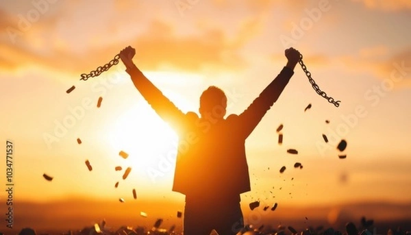 Obraz A person triumphantly raises broken chains against a vibrant sunset, symbolizing freedom and liberation.