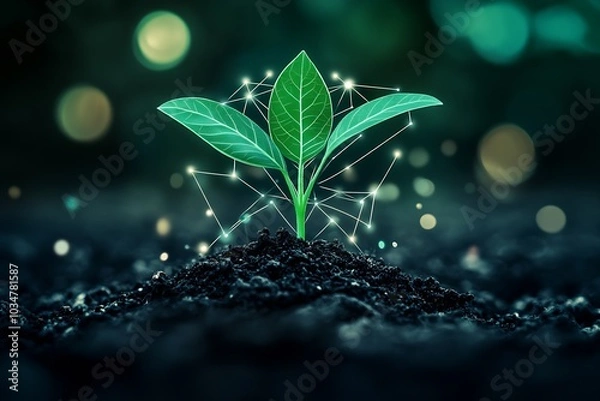 Fototapeta a green seedling sprouting from black soil, with a digital glowing network in the background.  : Generative AI