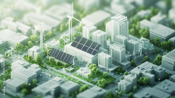 Fototapeta Wind turbines on the edge of the city, illustration style