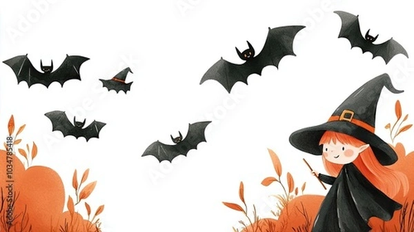 Fototapeta Whimsical illustration of a young witch with bats flying in a playful autumn scene, perfect for Halloween-themed designs.