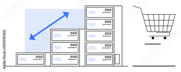 Fototapeta Blue arrow representing growth next to a set of server racks and a shopping cart. Ideal for e-commerce, logistics, technology, storage solutions, and growth analytics. Simple clean lines style