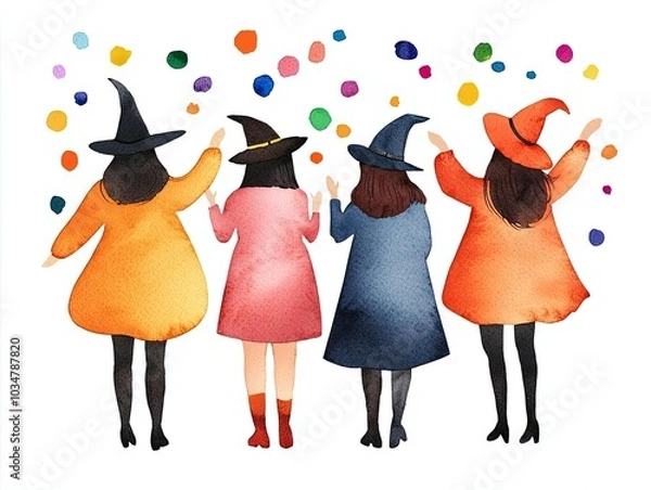 Fototapeta Four women in colorful witch costumes celebrate with joy and confetti, embodying the spirit of Halloween and friendship.