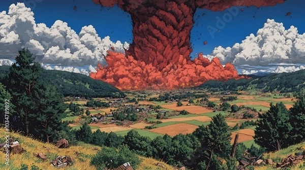 Fototapeta Massive Shrieking Mammoth Tornado Rampaging Across Farmland Landscape