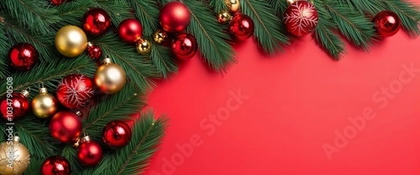 Fototapeta A flat lay composition featuring lush pine tree branches adorned with red and golden Christmas balls, beautifully arranged on a vibrant red background
