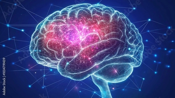 Obraz Human Brain Interface with AI : A conceptual image of a human brain connected to an AI interface, with neural pathways glowing and data streams flowing, representing brain-computer