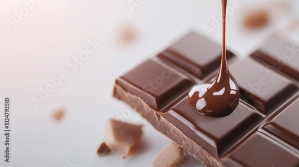 Fototapeta broken chocolate bar piece melting on blur background