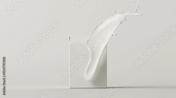 Fototapeta 2408 6.A realistic 3D illustration featuring a milk box mockup with a swirl of milk encircling it. The smooth, creamy texture of the milk contrasts against the sharp lines of the box, creating an