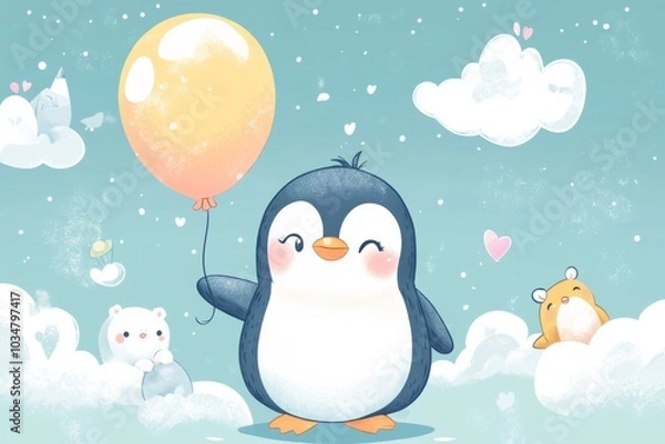 Fototapeta A cheerful penguin holds a yellow balloon amidst fluffy clouds, accompanied by a polar bear and a cute creature, creating a whimsical, playful scene.