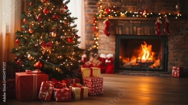 Fototapeta A warm holiday scene with a decorated tree, a crackling fireplace, and gifts waiting to spread Christmas cheer.