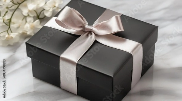 Obraz Elegant Black Gift Box with Ribbon on Marble Surface