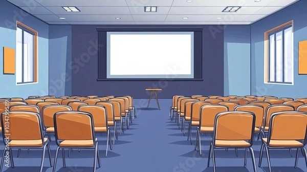 Fototapeta Empty Conference Room with Rows of Chairs and a Projector Screen