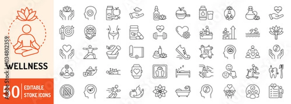 Fototapeta Wellness editable stroke outline web icons set. Healthy habits, yoga, spa, aromatherapy, relaxation, sleep, exercise and diet. Vector illustration