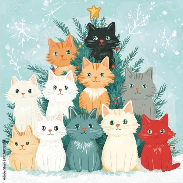 Fototapeta A festive illustration of cats arranged around a Christmas tree.
