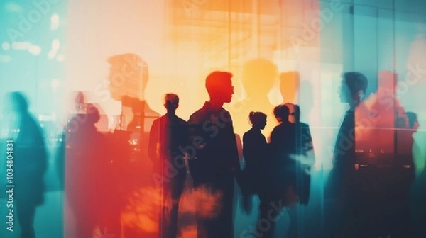 Fototapeta Silhouetted figures in a collaborative environment, double exposure with abstract gradient light effects