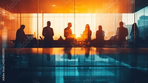 Obraz Silhouettes of business professionals in a modern workspace, double exposure with fluid gradient effects
