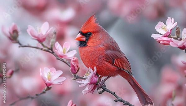 Fototapeta Beautiful bird perching on branch with pink flower. generated by AI