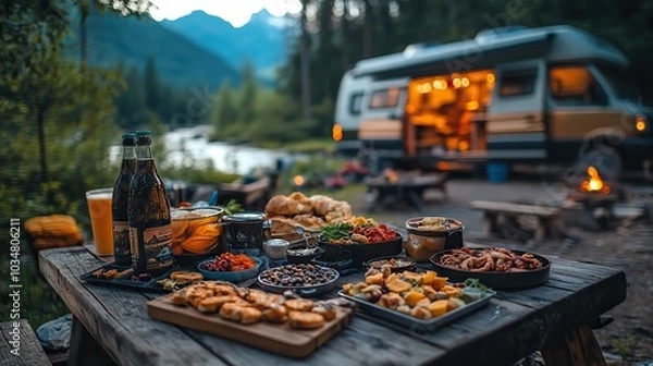 Obraz scenic outdoor camping setup with picnic spread on wooden table featuring food and drink van life adventure with camper van in the background perfect for an outdoor trip
