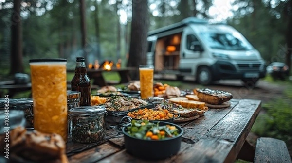 Obraz scenic outdoor camping setup with picnic spread on wooden table featuring food and drink van life adventure with camper van in the background perfect for an outdoor trip.illustration