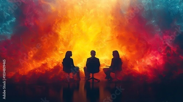 Fototapeta software development job interview the image features silhouettes of three people sitting with abstract shapes and vibrant colors in modern abstract and colorful style