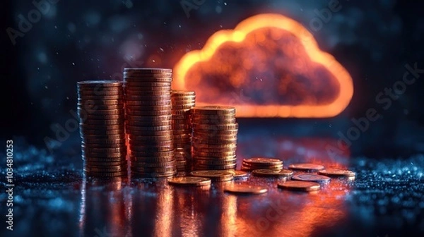 Fototapeta stacked coins in front of glowing cloud symbolizing cloud cost management.stock image