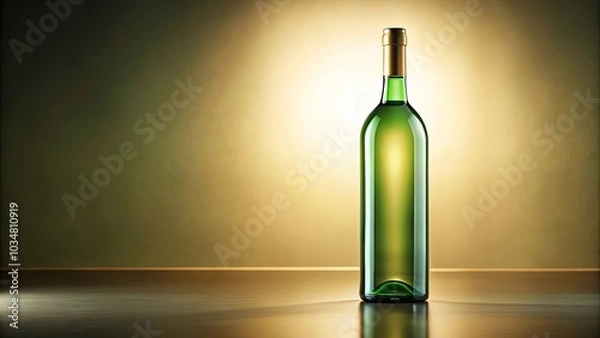 Fototapeta A single bottle of wine with a golden hue, illuminated on a smooth surface, against a backdrop of muted green tones.